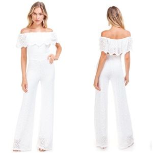 NIGHTCAP *Diamond Lace Positano* white boho off shoulder jumpsuit catsuit XS